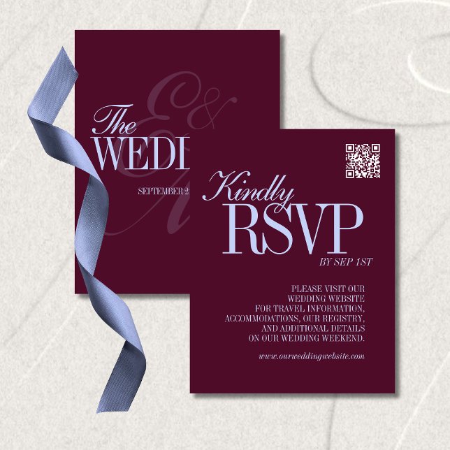 Luxury Plum and Periwinkle QR Code Formal Wedding RSVP Karte (Luxury Plum and Periwinkle QR Code Formal Wedding RSVP Card)