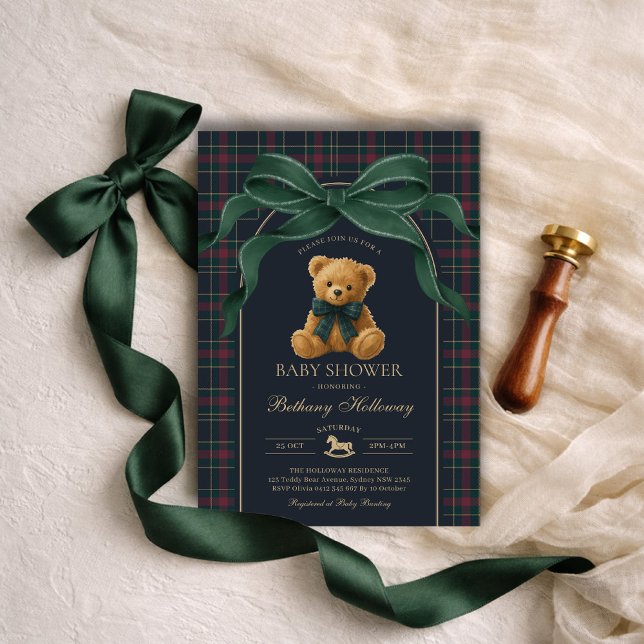 Luxury Polo Teddy Bear Green Bow Plaid Baby Shower Einladung (Von Creator hochgeladen)