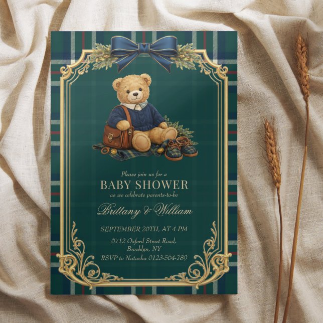 Luxury Preppy Teddy Bear Plaid Baby Shower  Einladung (Von Creator hochgeladen)