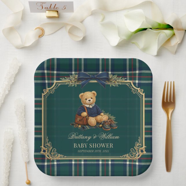 Luxury Preppy Teddy Bear Plaid Baby Shower  Pappteller (Hochzeit)