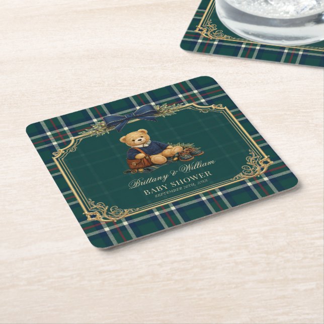 Luxury Preppy Teddy Bear Plaid Baby Shower  Rechteckiger Pappuntersetzer (angewinkelt)