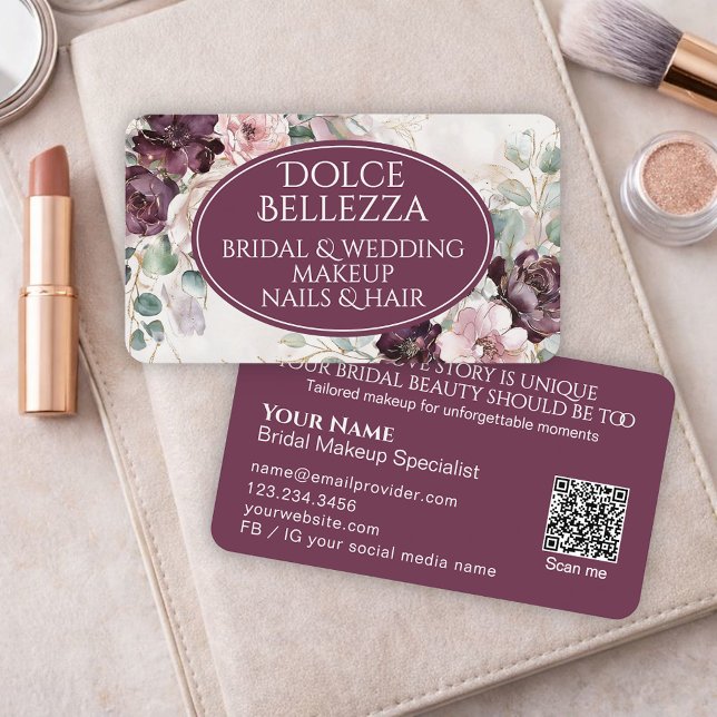 Luxury Purple Burgundy Floral Bridal Makeup Artist Visitenkarte (Von Creator hochgeladen)
