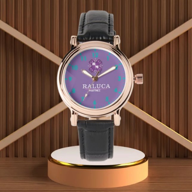 Luxury Purple Gold Personalized Custom Monogram Armbanduhr (Von Creator hochgeladen)