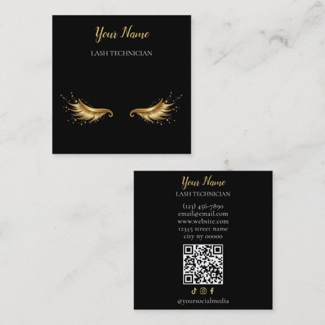 Luxury QR code Black and Gold Lash Technician Busi Quadratische Visitenkarte (Vorne/Hinten)