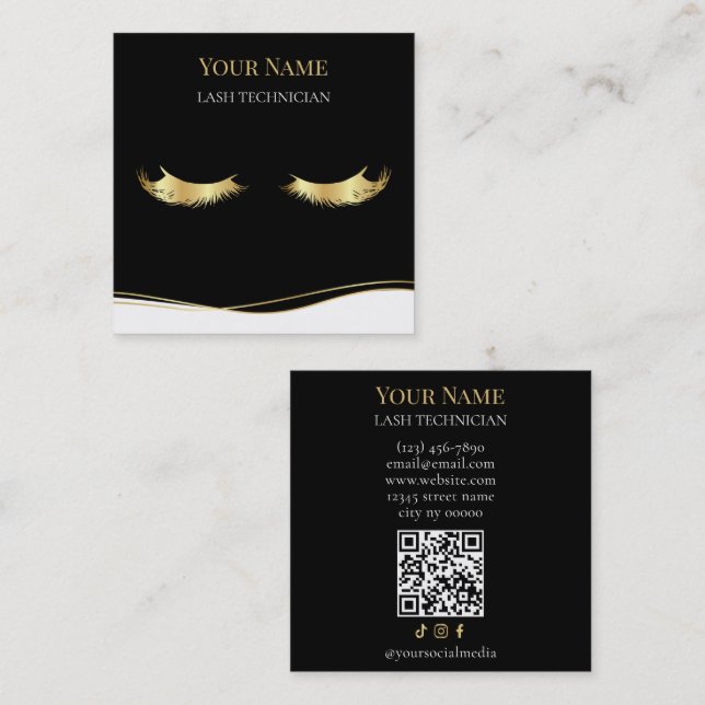 Luxury QR code Black and Gold Lash Technician Quadratische Visitenkarte (Vorne/Hinten)