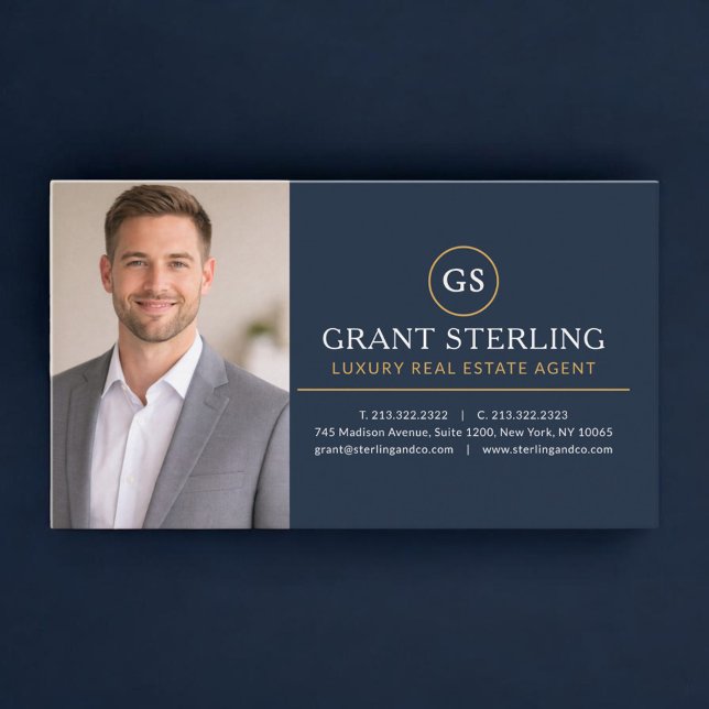 Luxury Real Estate Agent Photo Navy Blue Gold Visitenkarte (Von Creator hochgeladen)