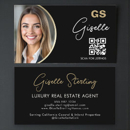 Luxury Real Estate Agent QR Code Black Gold Photo Visitenkarte