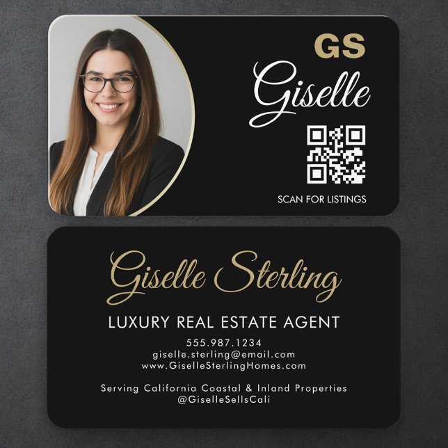 Luxury Real Estate Agent QR Code Black Gold Photo  Visitenkarte (Von Creator hochgeladen)
