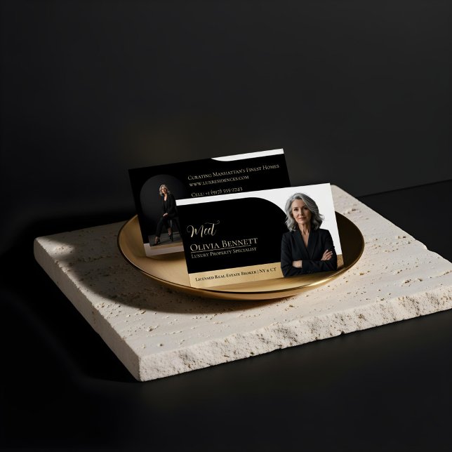 Luxury Real Estate Arch Frame Photo Black Gold Visitenkarte (Luxury Real Estate Arch Frame Photo Black Gold Business Card)