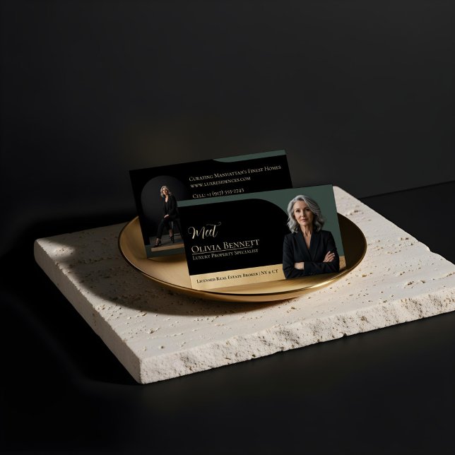 Luxury Real Estate Arch Frame Photo Black Gold Visitenkarte (Luxury Real Estate Arch Frame Photo Black Gold Business Card)