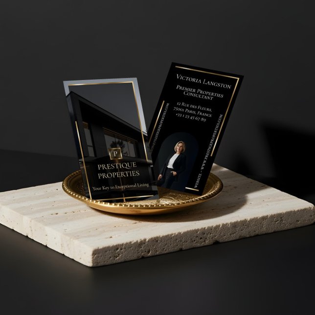 Luxury Real Estate Black Gold Photo Monogram Visitenkarte (Luxury Real Estate Black Gold Photo Monogram Business Card)