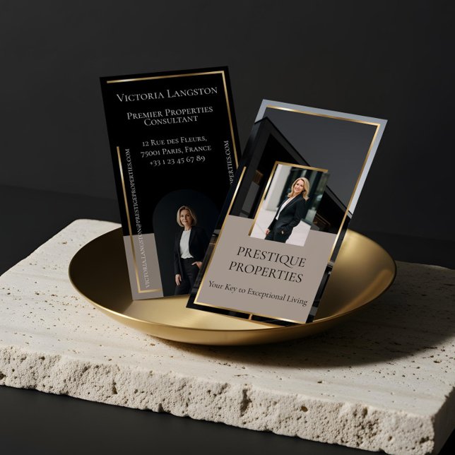 Luxury Real Estate Black Gold Photo Monogram Visitenkarte (Luxury Real Estate Black Gold Photo Monogram Business Card)