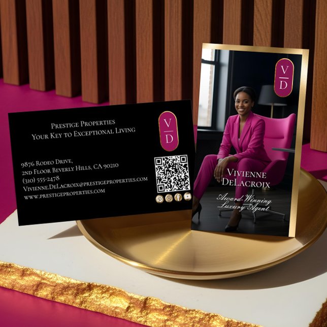 Luxury Real Estate Black Gold Pink Photo Monogram Visitenkarte (Luxury Real Estate Black Gold Pink Photo Monogram Business Card)