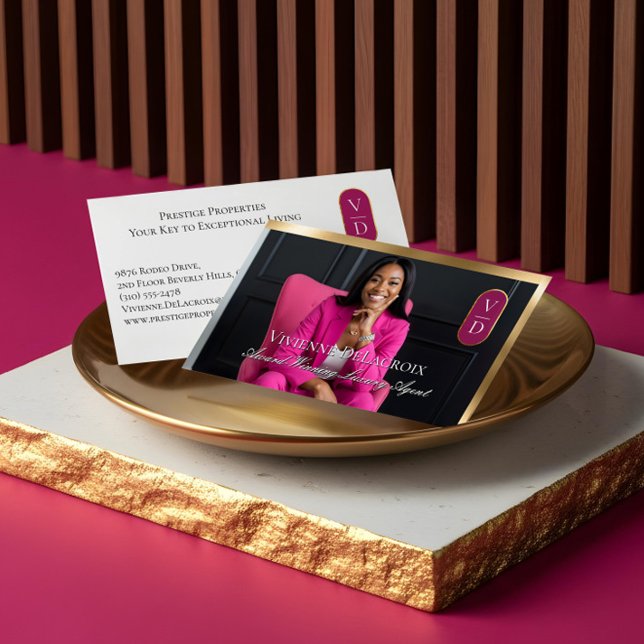 Luxury Real Estate Black Gold Pink Photo Monogram Visitenkarte (Luxury Real Estate Black Gold Pink Photo Monogram Business Card)