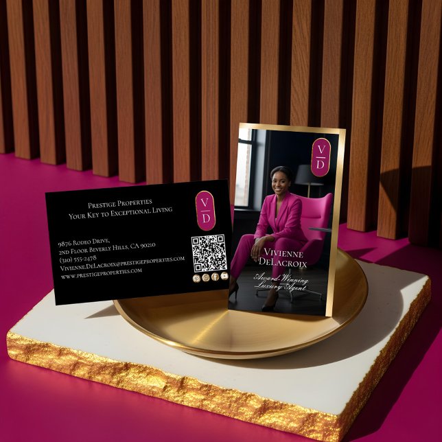 Luxury Real Estate Black Gold Pink Photo Monogram Visitenkarte (Luxury Real Estate Black Gold Pink Photo Monogram Business Card)