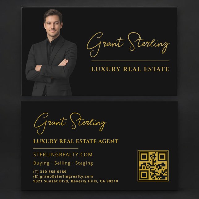 Luxury Real Estate Black Gold QR Code Script  Visitenkarte (Von Creator hochgeladen)