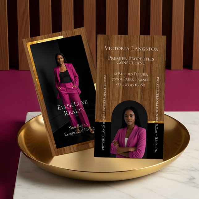 Luxury Real Estate Woodgrain & Gold Arch Photo Visitenkarte (Luxury Real Estate Woodgrain & Gold Arch Photo Business Card)
