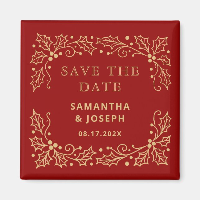 Luxury Red & Antique-Gold Save the Date Magnet (Vorne)