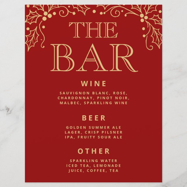 Luxury Red & Antique Gold Wedding Bar Menu Sign (Vorderseite)