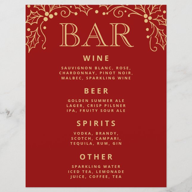 Luxury Red Antique Gold Wedding Bar Menu Tabletop (Vorderseite)