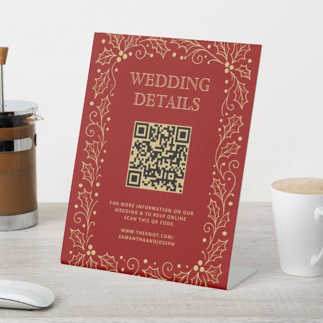 Luxury Red & Antique-Gold Wedding QR Code Sign Sockelschild (In SItu)
