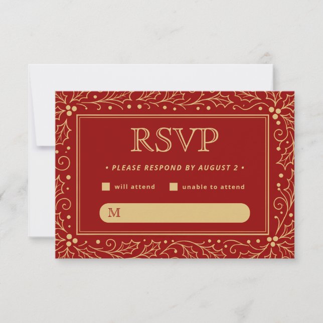 Luxury Red & Antique-Gold Wedding RSVP Karte (Vorderseite)