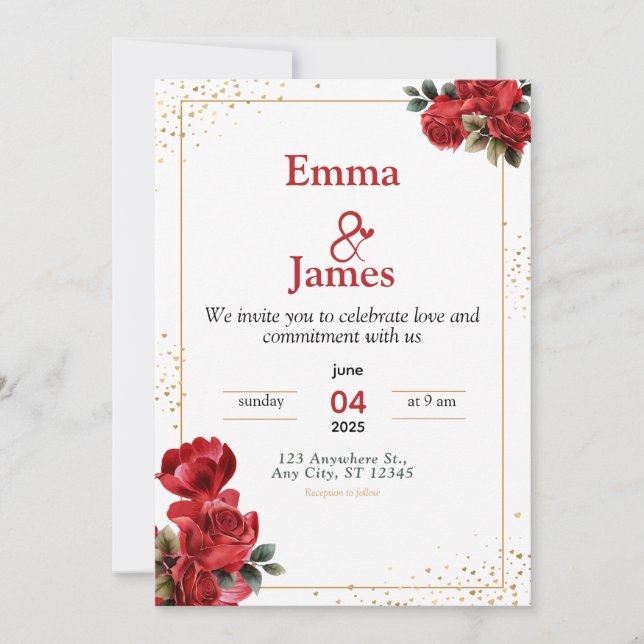 Luxury Red Floral Wedding Invitation Einladung (Vorderseite)