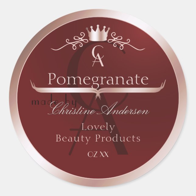 Luxury Red Product Label Rose Gold Frame Monogram Runder Aufkleber (Vorderseite)
