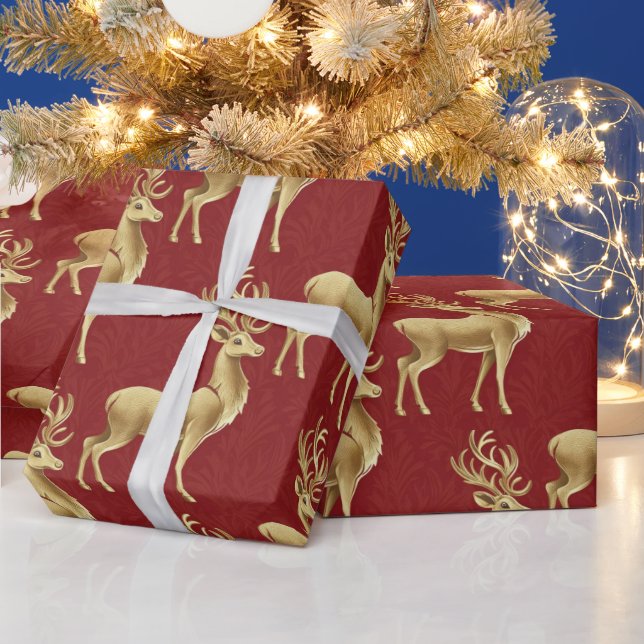 Luxury Red Rentier Elche Gold Merry Xmas Muster Geschenkpapier (Feiertage)