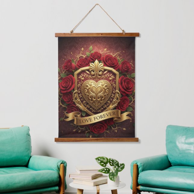 Luxury Red Rose Gold Heart Wall Tapestry Wandteppich Mit Holzrahmen (Wohnzimmer)