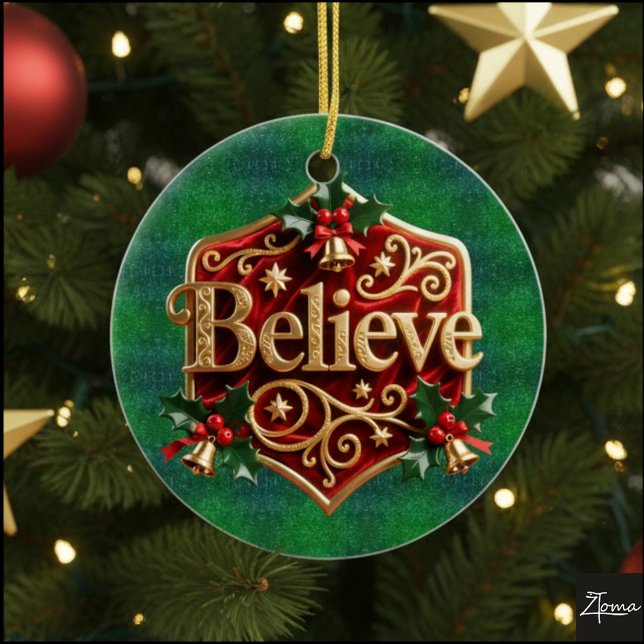 Luxury Red Velvet Gold  Christmas ( Believe ) Keramik Ornament (Von Creator hochgeladen)