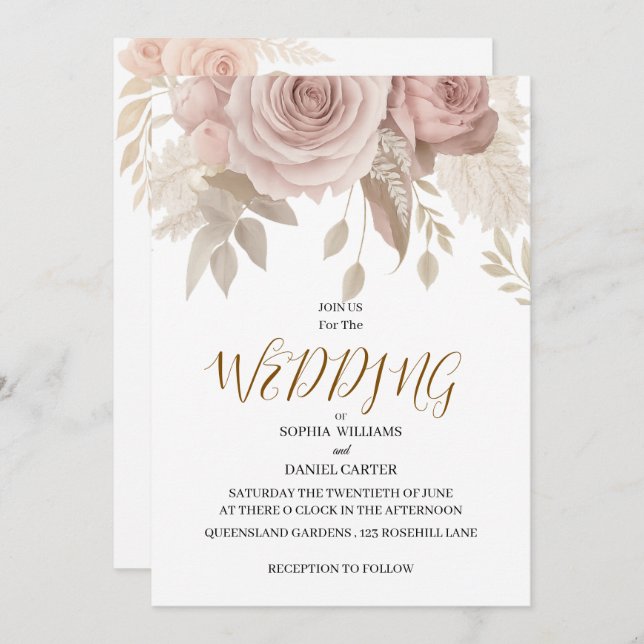 Luxury Rose Gold Blush Botanical Wedding Card Einladung (Vorne/Hinten)