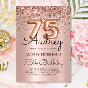 Luxury Rose Gold Glitzer Ballon 75. Geburtstag Einladung