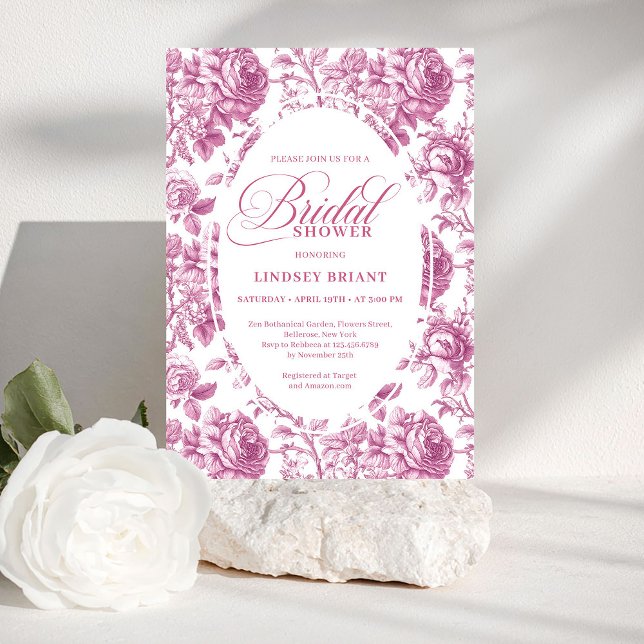 Luxury Rose Gold Toile Roses Floral Bridal Shower  Einladung (Luxury Rose Gold Toile Roses Floral Bridal Shower Invite)