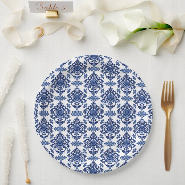 Luxury Royal Blue and White Baroque Floral Pattern Pappteller (Hochzeit)