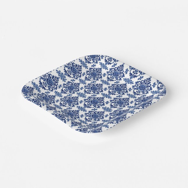 Luxury Royal Blue and White Baroque Floral Pattern Pappteller (Gewinkelt)
