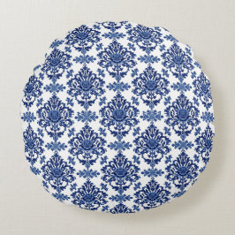 Luxury Royal Blue and White Baroque Floral Pattern Rundes Kissen