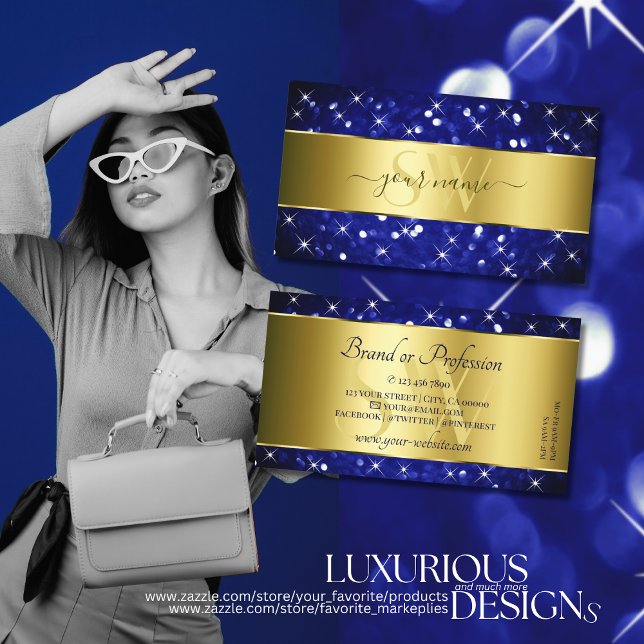 Luxury Royal Blue Glitzer Stars Gold und Monogram Visitenkarte (Von Creator hochgeladen)