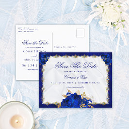 Luxury Royal Blue Gold Floral Rose Hochzeit Ankündigungspostkarte