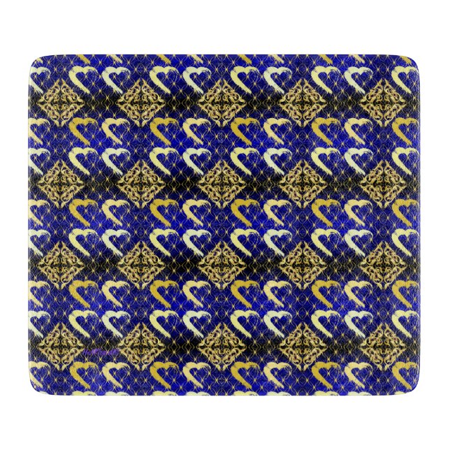 Luxury Royal Blue und Gold Hearts Cutting Board Schneidebrett (Vorderseite)