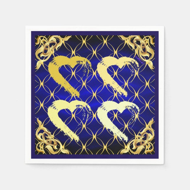 Luxury Royal Blue und Gold Hearts Napkin Serviette (Vorderseite)