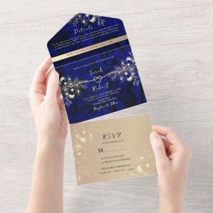 Luxury Royal Blue Wedding All In One Einladung