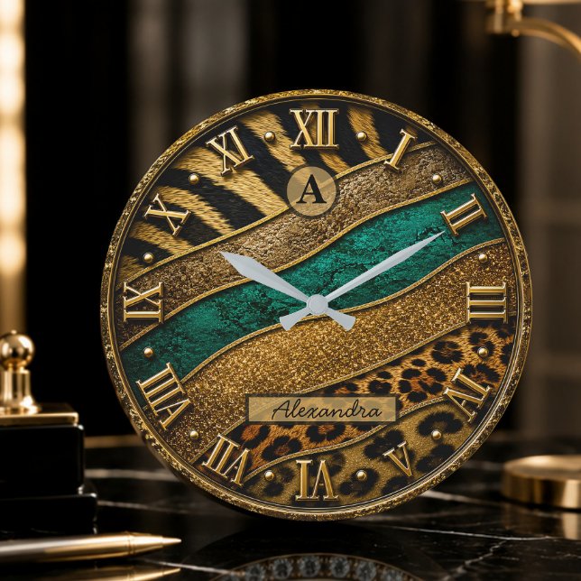 Luxury Safari Leopard Zebra Glitter Custom Name Große Wanduhr (Von Creator hochgeladen)