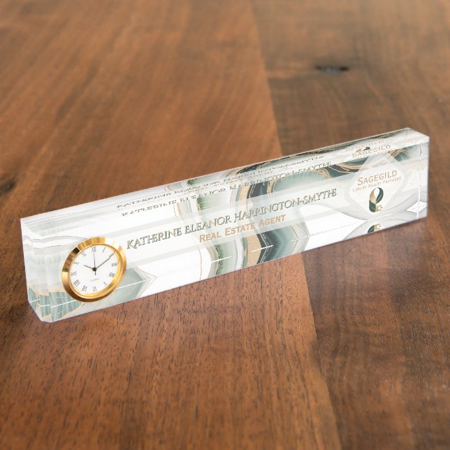 Luxury Sage Gold Marble Plus Clock Realtor Office Namensplakette (Seite)