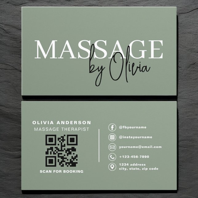 Luxury Sage Green Massage Therapist QR Code  Visitenkarte (Von Creator hochgeladen)