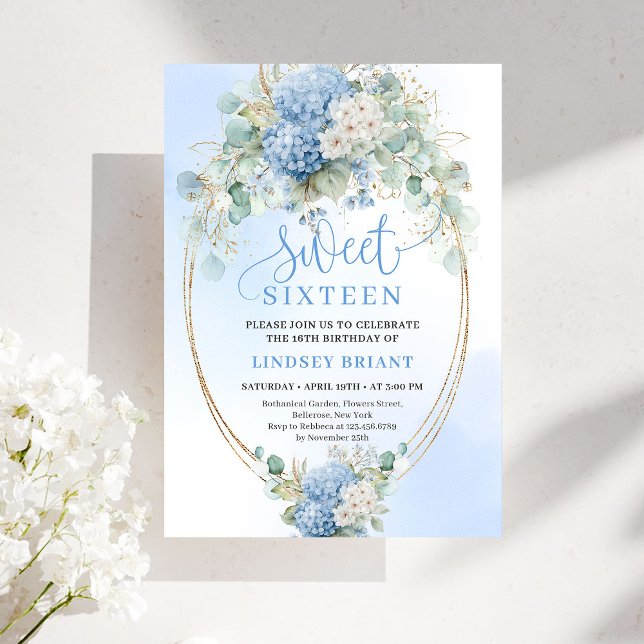 Luxury Script Blue Hydrangeas Sweet Sixteen Invite Einladung (Luxury Script Blue Hydrangeas Sweet Sixteen Invite)