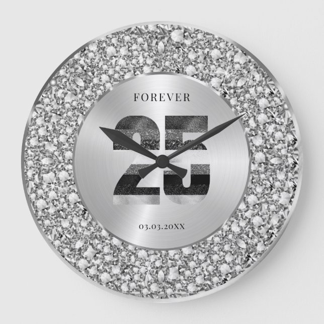 Luxury Silver 25th Anniversary Black & Gray Glitte Große Wanduhr (Vorderseite)