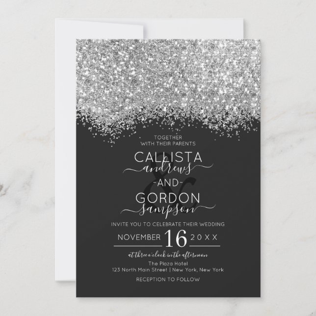 Luxury Silver Black Glitzer Confetti Wedding Einladung (Vorderseite)