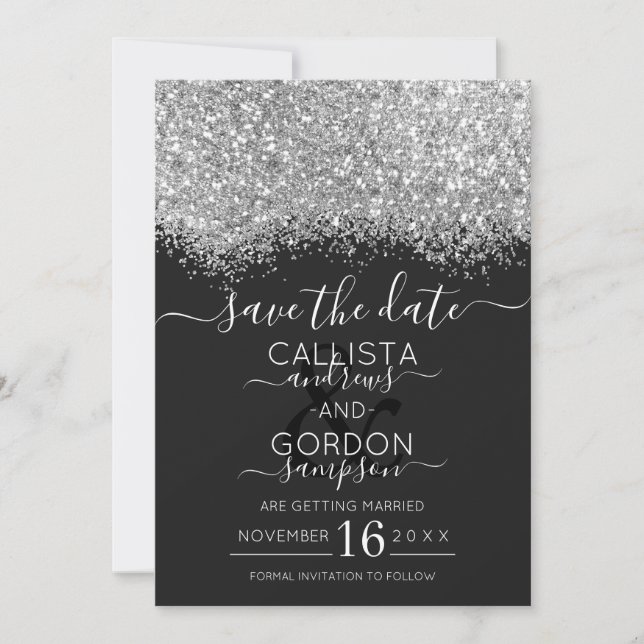 Luxury Silver Black Glitzer Confetti Wedding Save The Date (Vorderseite)
