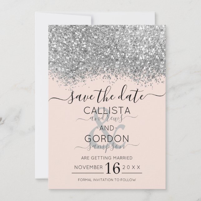 Luxury Silver Blush Glitzer Confetti Wedding Save The Date (Vorderseite)